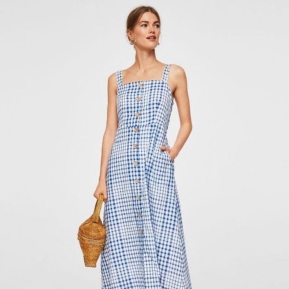 MANGO Vichy Check Dress Blue Gingham Midi - NWOT